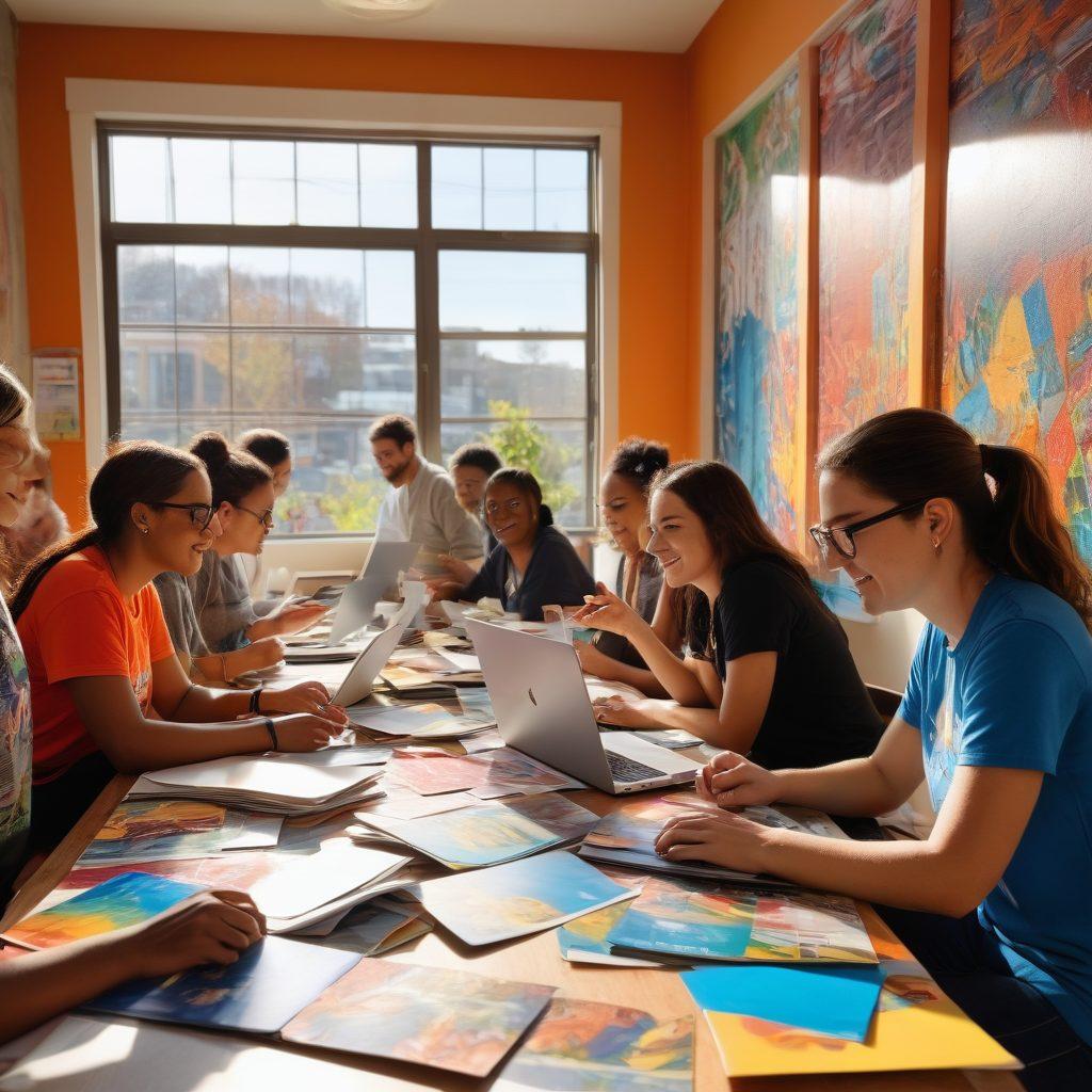 A diverse group of passionate volunteers collaborating around a large table filled with colorful brochures and laptops, symbolizing community engagement and teamwork. In the background, an artistic mural showcasing various nonprofit initiatives and community events. Bright sunlight pours in through large windows, illuminating the scene with a warm, inviting atmosphere. super-realistic. vibrant colors. 3D.