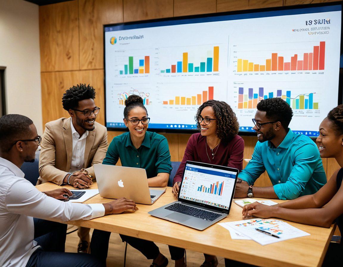 A dynamic scene depicting a diverse group of people engaged in a lively discussion around a laptop, surrounded by colorful charts and graphs representing nonprofit data. In the background, a vibrant community event is taking place, showcasing interaction and growth. The setting is bright and inviting, emphasizing collaboration and engagement. super-realistic. vibrant colors. warm lighting.