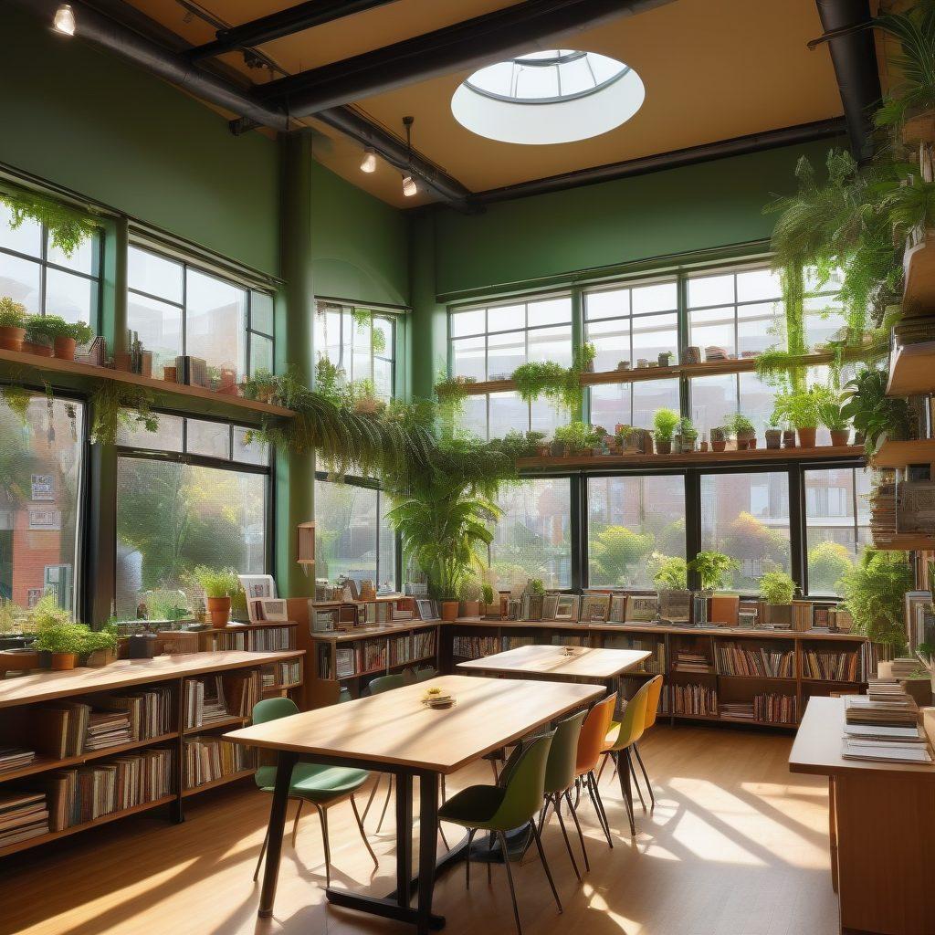 A vibrant, welcoming community hub filled with diverse people collaborating around a large round table, sharing ideas and resources. The background shows shelves of books, digital screens with community projects, and plants for a touch of nature. Colorful posters celebrating collaboration and inclusivity adorn the walls. Light streams in from large windows, creating a warm, inviting atmosphere. super-realistic. vibrant colors.